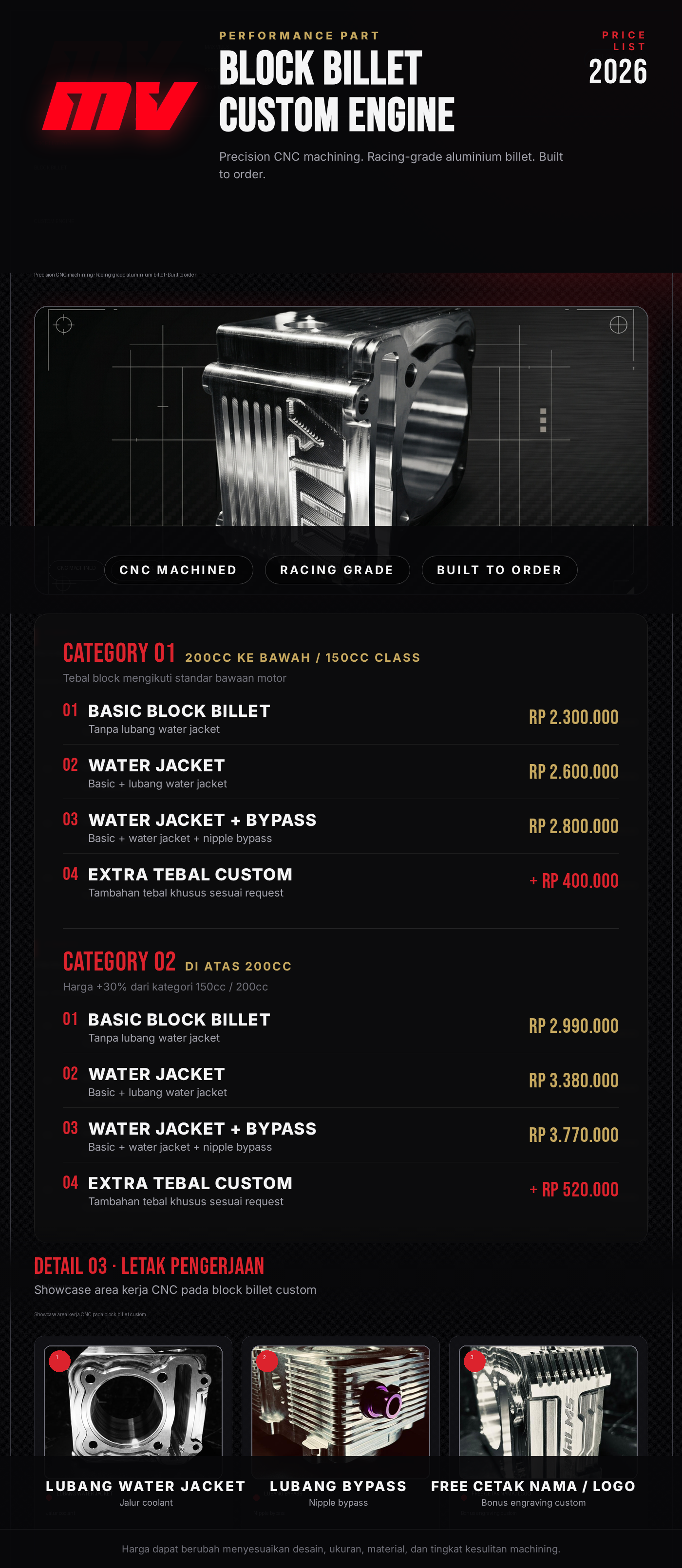 Price List Block Billet Custom — Max Vibes Performance Part